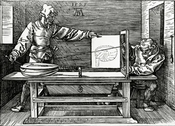 Un artista dibujando un laúd con ayuda de un aparato de perspectiva, ilustración de los «Cuatro libros sobre la medida» de Durero, publicados en 1525